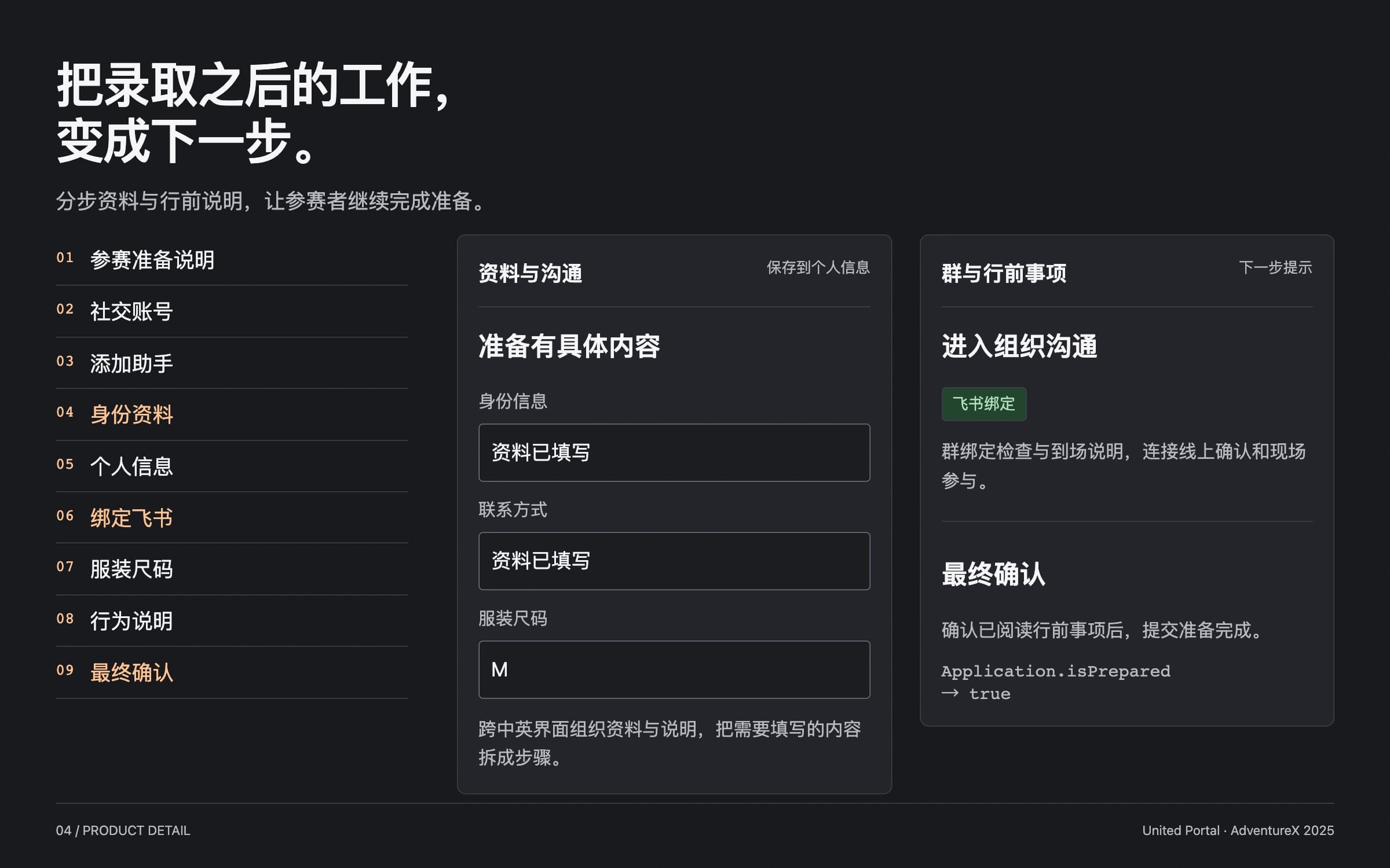 A staged preparation flow connects identity information, saved details, group binding, and final confirmation.